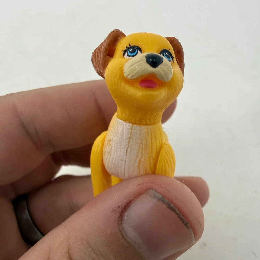 Vintage Yellow Puppy Dog Miniature Plastic Toy Figurine Blue Eyes Brown Ears